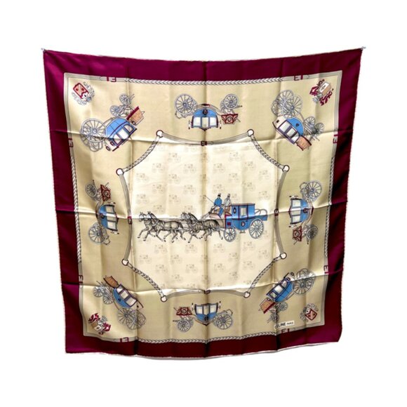 Unused Celine Paris Scarf  100% Silk  34" Gold Tan Brgendy Carriage Horses (39) - Picture 12 of 13